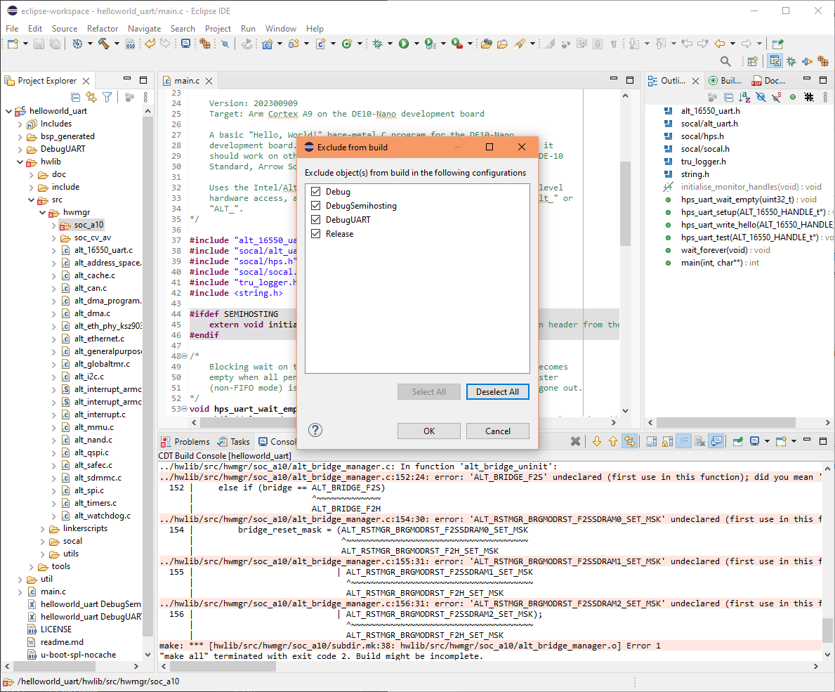 Eclipse project exclude SoC Arria 10 step 2