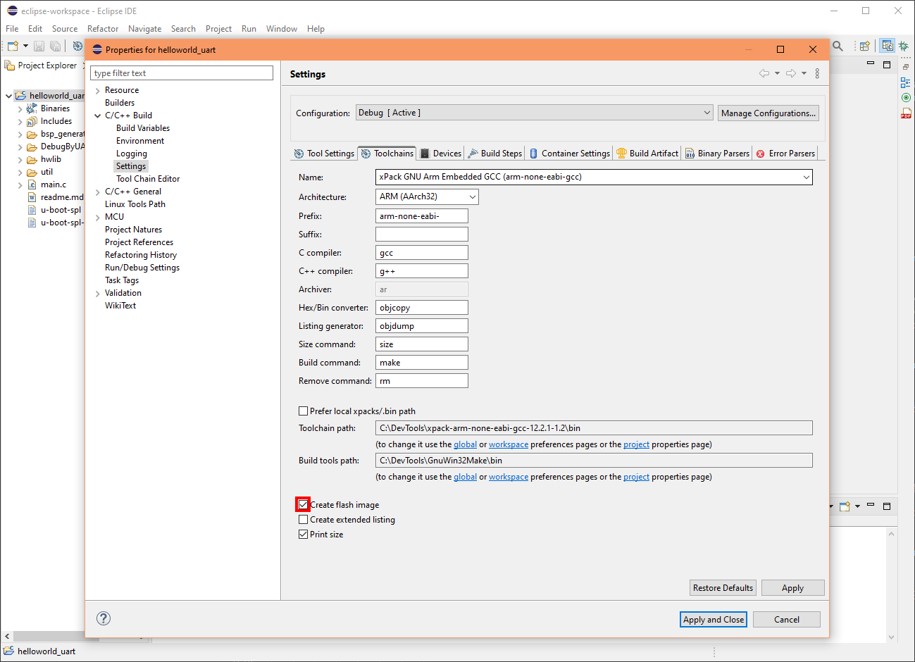 Eclipse project Debug create flash image